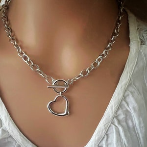 Chunky Stainless Steel Heart Charm Pendant Necklace & Bracelet Set| Silver Large Heart Chain Necklace and Bracelet| Punk Necklace w/Bracelet