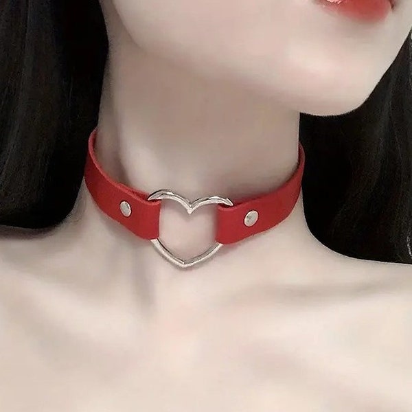 Leather Heart Choker Etsy