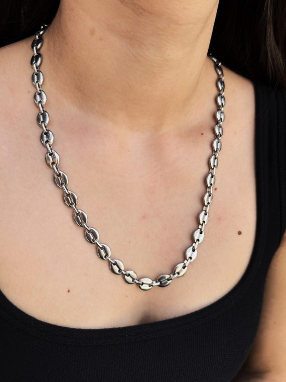 Two-tone Stainless Steel Coffee Bean Chain Necklace: Waterproof