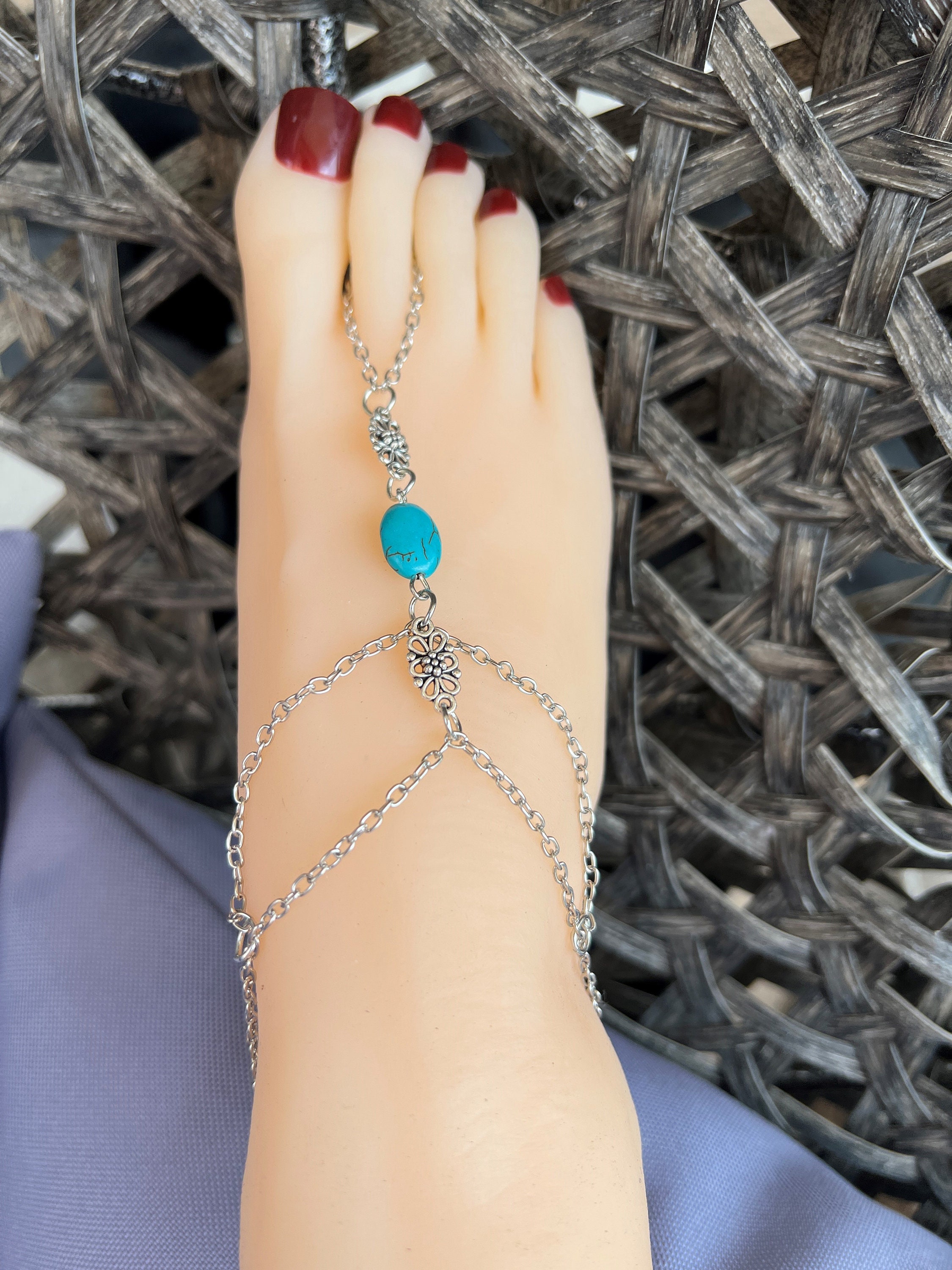 Bracelet De Cheville Turquoise Argenté - Style Bohème - Pour Pieds Nus Ou Sandales - Bijou Plage été - Cadeau Femme