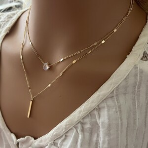 Two-Piece Bar & Dimond Gold Necklace Set| Rhinestone  Layered Gold Necklace| Minimalist Bar Necklace| Gift For Her