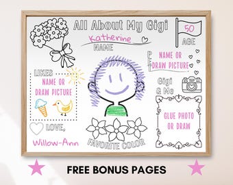 May include: A framed, white fill-in-the-blank style art print with the text "All About My Gigi". The print includes spaces for name, age, likes, and a photo. The text "Free Bonus Pages" is at the bottom.
