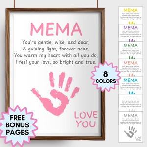 May include: A framed print with the word "MEMA" in pink, accompanied by a poem and a pink handprint. The phrase "LOVE YOU" is also visible. Additional prints in various colors are included.