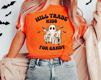 Funny Halloween Shirt Will Trade Kids for Candy Mom Halloween Shirt Gift for Dad Halloween Retro Ghost Shirt Vintage Halloween Gift for Her