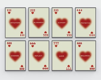 Set of 8 Angel Numbers Heart Red Aesthetic Art Poster Art Print, Digital Download, Trendy Wall Art, Apartment Aesthetic, Dorm Room Decor