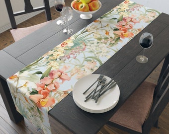 Whimsical Summer Orchids and Lilies Camino de mesa, decoración floral para el hogar, mantelería decorativa, azul, blanco y rosa, 72" o 90"