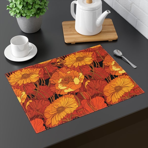 Amber Marigold Placemat, Orange Floral Design, Ideal Dining Accent, Orange and Black, Farm Decor, 18" x 14"