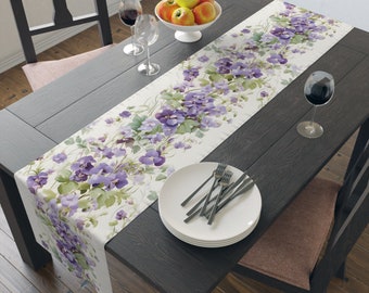 Whimsical Summer Violets Floral Table Runner, Vibrant Flower Design, Farmhouse Style Homes, Purple and White, 72" or 90"