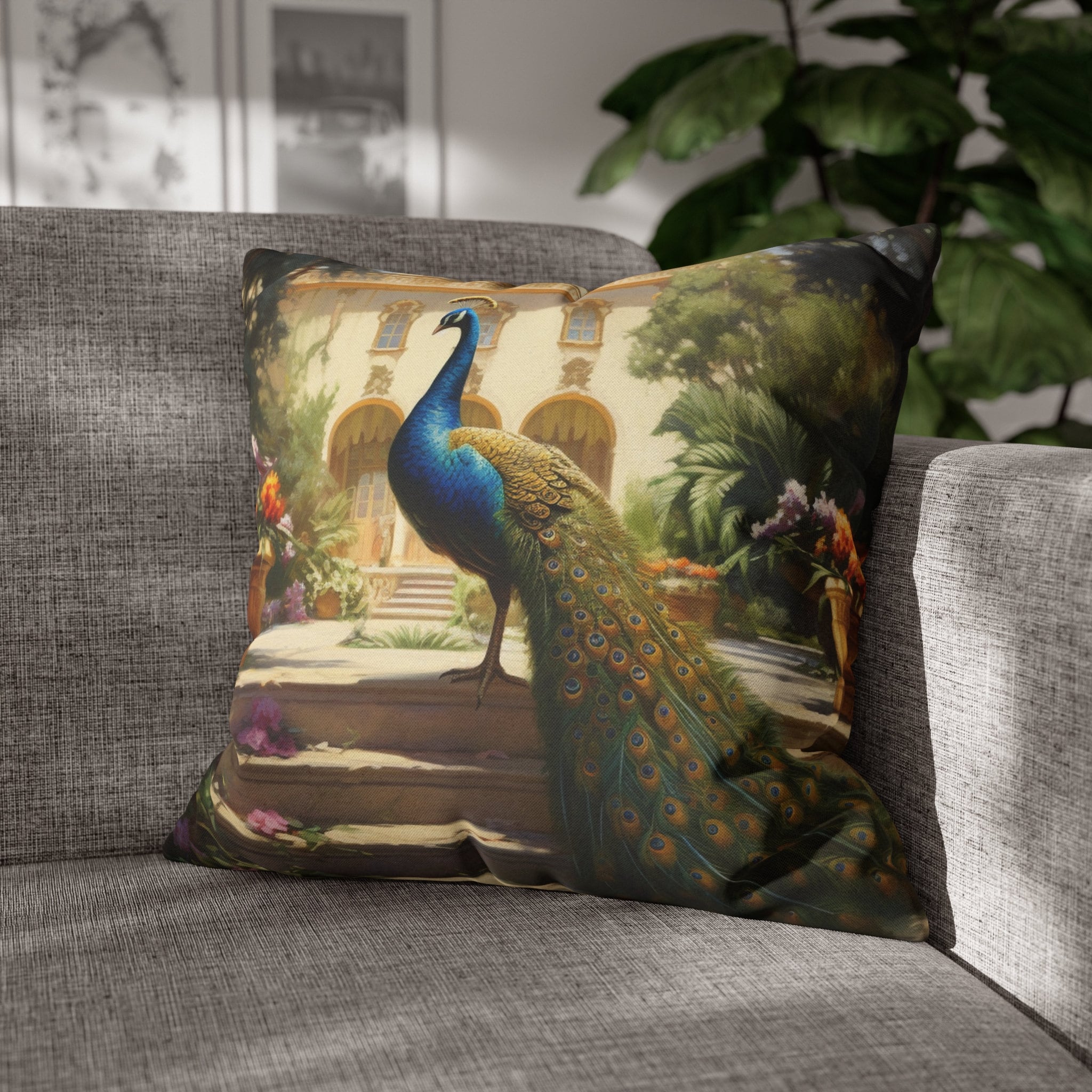 Royal Garden Peacock Decorative Pillow Case, Exotic Bird Home Accent, Vibrant Feather Design