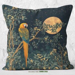 Oreiller perroquet style William Morris au clair de lune, faux suède de luxe, cadeau pour les amoureux de la nature, décoration bohème, insert inclus, #DX0017