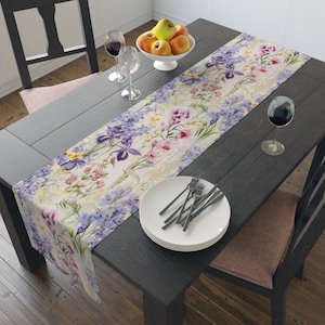 Whimsical Summer Floral Table Runner, Lilies and Irises Design, Purple and White Flower Decor, Perfect Dining or Buffet Table Accent, 72" or