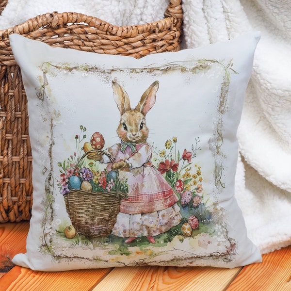 Egg Hunt Mama Bunny Pillow, Charming Easter Bunny with Basket, Vintage Cottagecore Aesthetic, Springtime Gift, #ASP0262, Insert Included