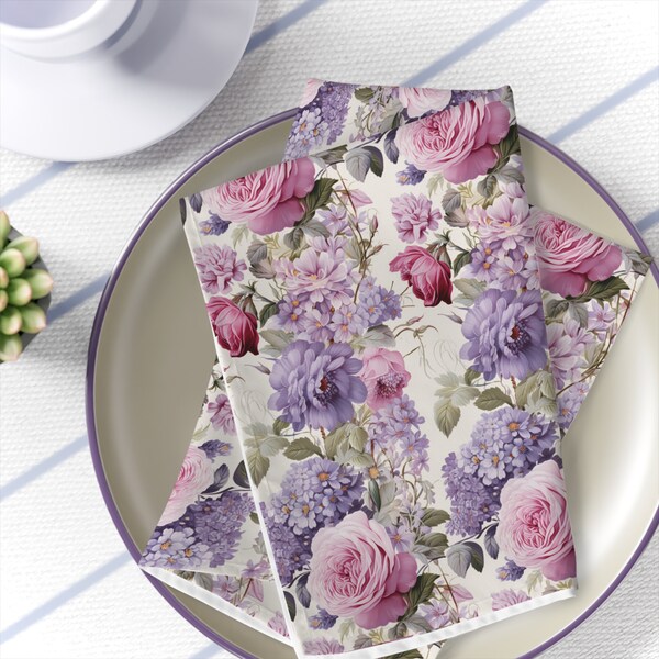 Whimsical Floral Napkins, Summer Roses and Lavender Design, Set of 4, Perfect Table Decor, Gift for Her, Purple and Pink, 19" x 19"