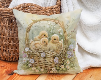 Easter Decor Pillows - Chickadee Basket Pillow, Springtime Pastel, Cottagecore Farmhouse, Easter Gift, #ASP0250, Insert Included