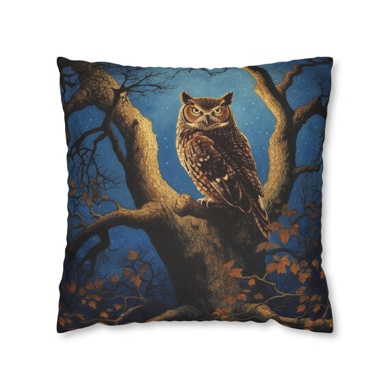 Wise Owl Decorative Pillow Case, Cottagecore Decor, Nighttime