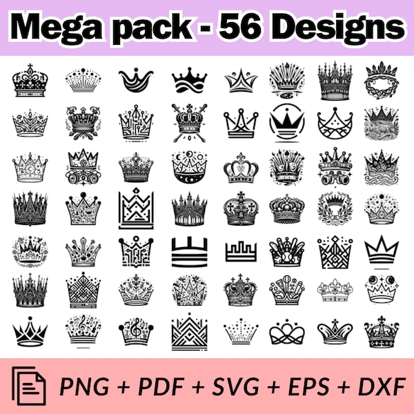 Royal Crown SVG Bundle, 56 monograms templates in SVG and PNG format, vector logo, Digital Downloadable artwork