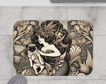 Pug Bath Mat for pug lover art nouveau gift for dog lover pug mom nautical bathroom decor gift for dog mom gift for mermaid lover bath decor