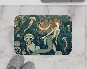 Ocean Inspired Bath Mat Mermaid bath decor gift for art nouveau lover jellyfish bath decor mermaid gift for new apartment nautical theme