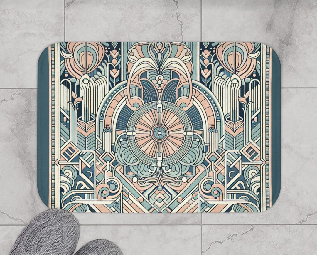 Navy Blue Pastel Blush Art Deco Bath Mat Vintage Mat for Art Nouveau