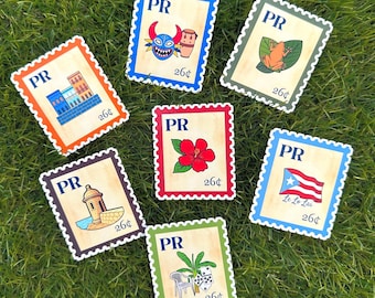 Puerto Rico Heritage Icons Stamp Stickers - Lelolai/Coqui, Boricua Gift/y2k, Decal, Gift, Laptop Sticker, Kindle, Water bottle Sticker