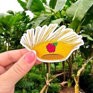 May include: A sticker featuring a yellow straw hat with a red hibiscus flower and green leaf. The hat has a brown brim and is decorated with straw-like lines. The sticker is held in front of a lush green background.