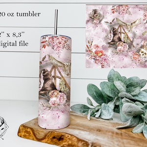 May include: A pink and white 20 ounce tumbler with a watercolor design featuring a wizard's hat, an owl, and a golden snitch. The design also includes flowers and a skull. The tumbler is for a digital file.