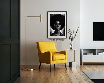 May include: Black and white digital art print of a woman with glasses and an afro hairstyle. The print is framed and hanging on a white wall in a living room setting. The text "Digital Download" is below the print.