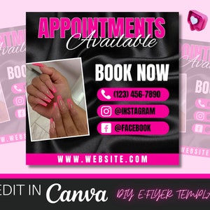 Editable Book Now Flyer, DIY Canva Flyer, Premade Flyer Template, Hair, Lashes, Make up, Nails, Stylist, Social Media Flyer, Canva Template