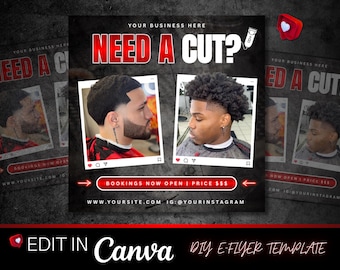 Könnte beinhalten: Schwarzer und grauer Friseursalon-Flyer mit dem Text "NEED A CUT?" in Rot und Weiß. Zwei Fotos von Männern mit frischen Haarschnitten sind abgebildet. Der Flyer enthält Social-Media-Handles und den Satz "EDIT IN Canva".