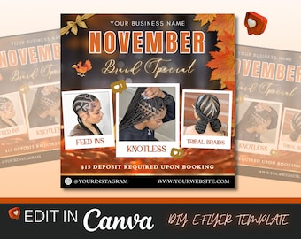 November Braid Special Flyer, Hair Specials, Braid Flyer, Hair Flyer, Autumn Flyer, Thanksgiving Hair Specials, Braid Sale Flyer, Wig Flyer