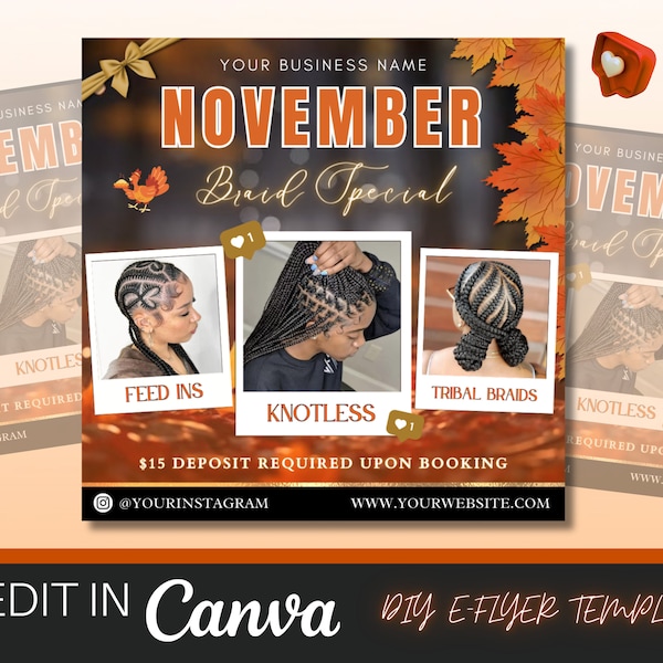 November Braid Special Flyer, Hair Specials, Braid Flyer, Hair Flyer, Autumn Flyer, Thanksgiving Hair Specials, Braid Sale Flyer, Wig Flyer