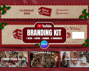 May include: A YouTube branding kit design with a festive Christmas theme. The design includes a banner, thumbnails, intro, and outro. The design features the text "VLOGMAS 2025" and social media handles. The design is in red, white, and brown.