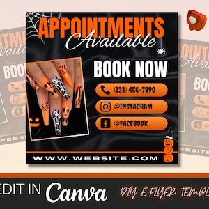Halloween Editable Book Now Flyer, DIY Canva Flyer, Spooky Flyer, Hair, Lashes, Make up, Nails, Stylist, Social Media Flyer, Canva Template