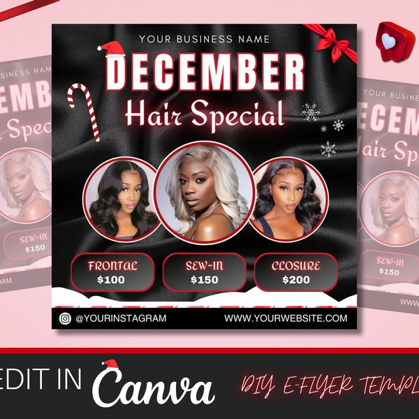 December Hair Specials, Christmas Hair Specials, Wig Install Special Flyer, Hair Flyer, Appointment Flyer, Winter Specials, Book Now Flyer