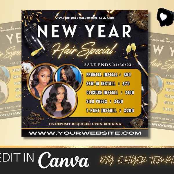 New Year Hair Specials Flyer, New Year Hair Flyer, New Year Hair Sale, January Booking Flyer, Wig Install Flyer, New Year Sale, Holiday Sale