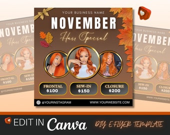 November Hair Specials, Thanksgiving Hair Specials, Wig Install Special Flyer, Hair Flyer, Appointment Flyer, Fall Specials, Book Now Flyer