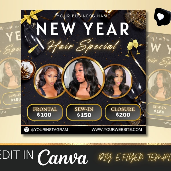 New Year Hair Specials Flyer, January Booking Flyer, New Year Hair Flyer, New Year Hair Sale, Wig Install Flyer, New Year Sale, Holiday Sale