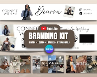 YouTube Branding Kit, YouTube Intro, Outro, Banner, Thumbnails, End Screen, Social Media Branding Kit,  Canva Templates, YouTube Channel
