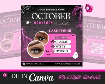 Flyer Réservations d'octobre, Flyer Extensions de cils, Flyer effrayants, Flyer Beauté, Flyer Halloween Lashes, Flyer Réserver maintenant, Lashtober, Lash