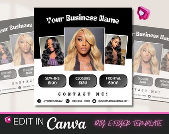 May include: Black and white flyer with a pink heart icon. The flyer advertises hair extensions with prices for sew-ins, closures, and frontals. The flyer includes contact information for the business.