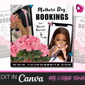 Moederdagboekingsflyer, meiboekingsflyer, speciale Moederdagflyer, Moederdagaanbiedingen, haar, vlechten, make-up, nagels wimperpruiken installeren