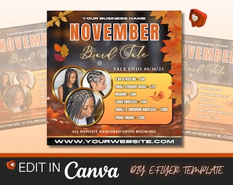 November Braid Sale Flyer, Hair Specials, Braid Flyer, Hair Flyer, Autumn Holiday Flyer, Thanksgiving Hair Specials, Wig Install Sale Flyer