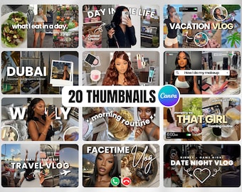 20 YouTube Thumbnail Canva Template, Customizable Minimalist Design, Collages, YouTube video cover, DIY Branding kit, neutral aesthetic vlog