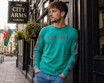 Cymru Long Sleeve Shirt For Heritage Fans | Green Graphic Printed Top For Gift | Bold Dragon Design Shirt | Lightweight Daily Wear Shirt