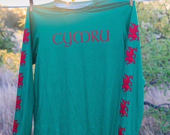 Cymru Long Sleeve Shirt For Heritage Fans | Green Graphic Printed Top For Gift | Bold Dragon Design Shirt | Lightweight Daily Wear Shirt