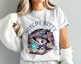 Witchy Kitty Cute Cat Magic Spell Book T-Shirt, Kawaii Magical Cat Shirt, Adorable Witch Cat Apparel, Fun Feline Sorcery Tee