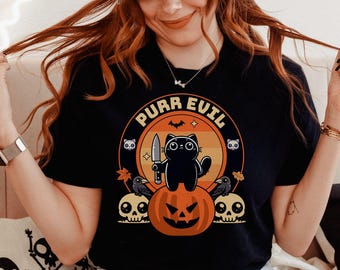 Cute Halloween Cat T-Shirt, Funny Spooky Cat and Pumpkin Graphic Tee, Spooky Halloween Shirt, Black Cat Trick or Treat Shirt