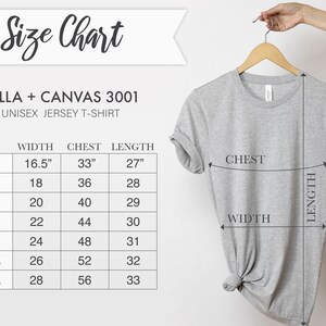May include: Size chart for a unisex jersey t-shirt, showing measurements for width, chest, and length in inches. The chart includes sizes XS, S, M, L, XL, 2XL, and 3XL.