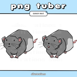 Puede incluir: Una ilustración de dibujos animados de una rata gris con una mancha blanca en el vientre. La rata está mirando hacia adelante con la boca abierta y la lengua fuera. La rata tiene pequeñas orejas rosadas y bigotes. La imagen está etiquetada como "Rata gris".