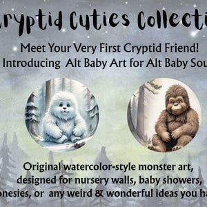 Baby Cryptid, Cryptid Watercolor Nursery Art, Cryptid  Art Bundle, Baby BigFoot, Yeti,  Cryptid Nursery Wall Art, Cryptozoology wall art